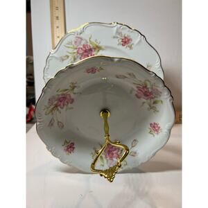 Vintage Bavarian Two Tier Porcelain Serving Stand Floral Gold Trim Dessert Tray